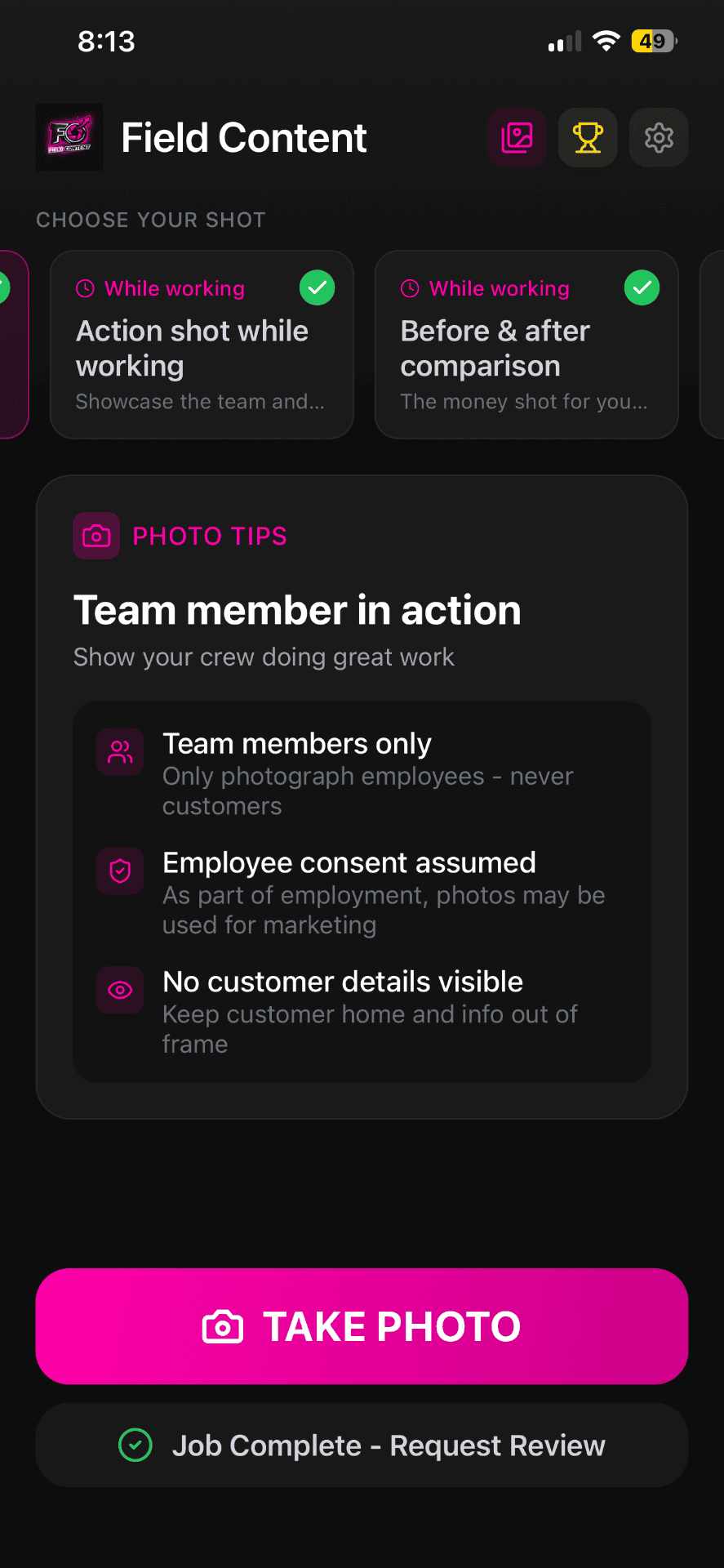 FieldContent capture screen