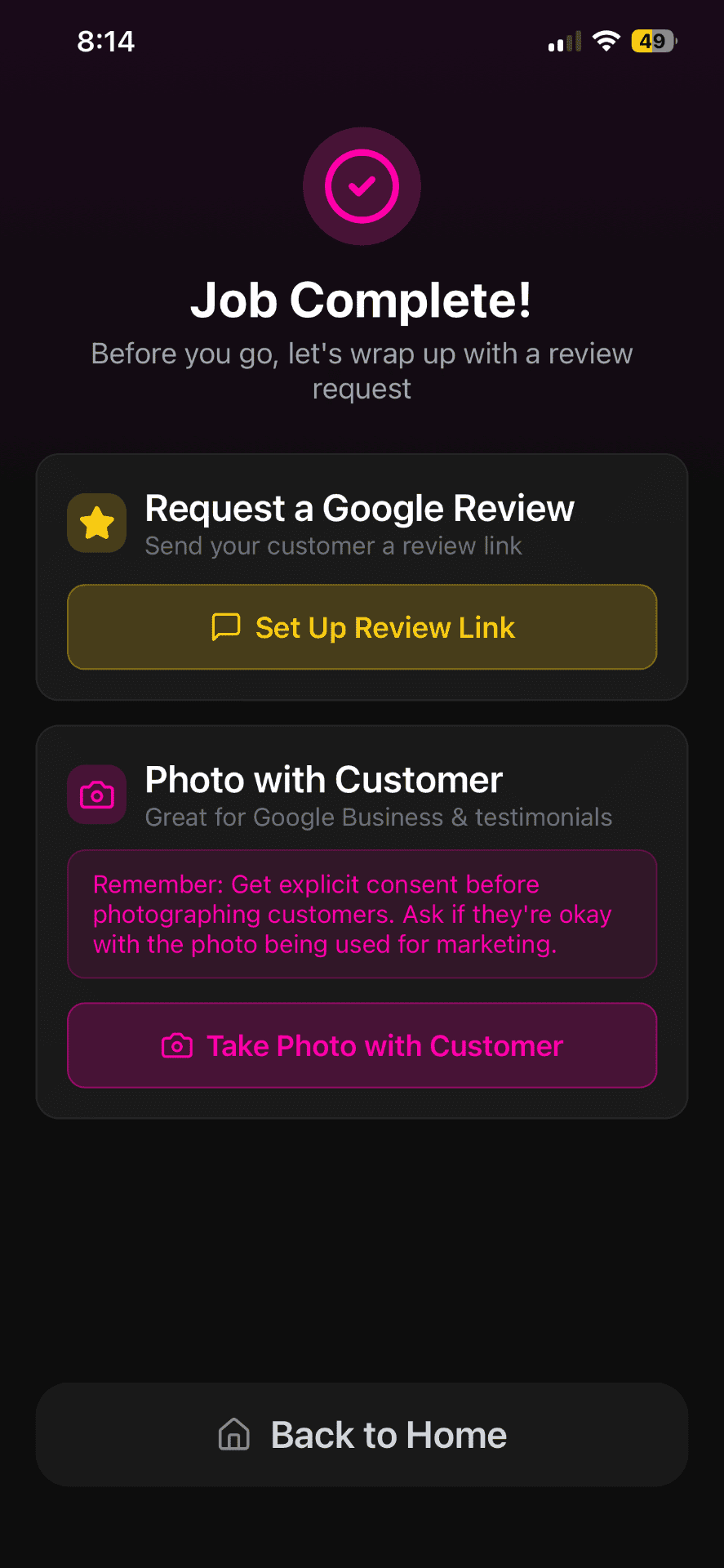 FieldContent app showing job complete review