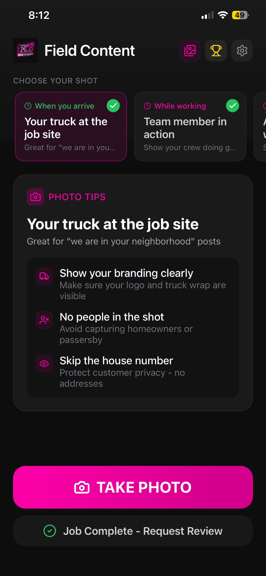FieldContent app showing truck photo prompt